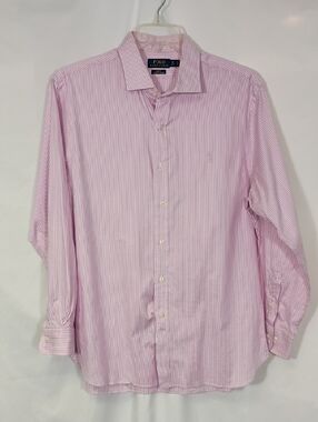 EUC Polo by Ralph Lauren Pink & White Striped Men's Dress Shirt Mens Sz 17 34-35